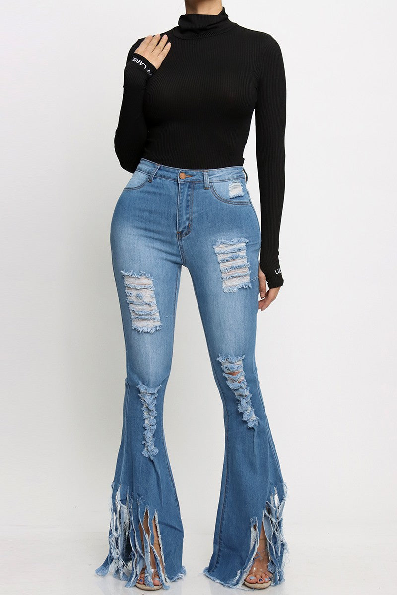 Distress Frayed Fringe Bell Bottoms